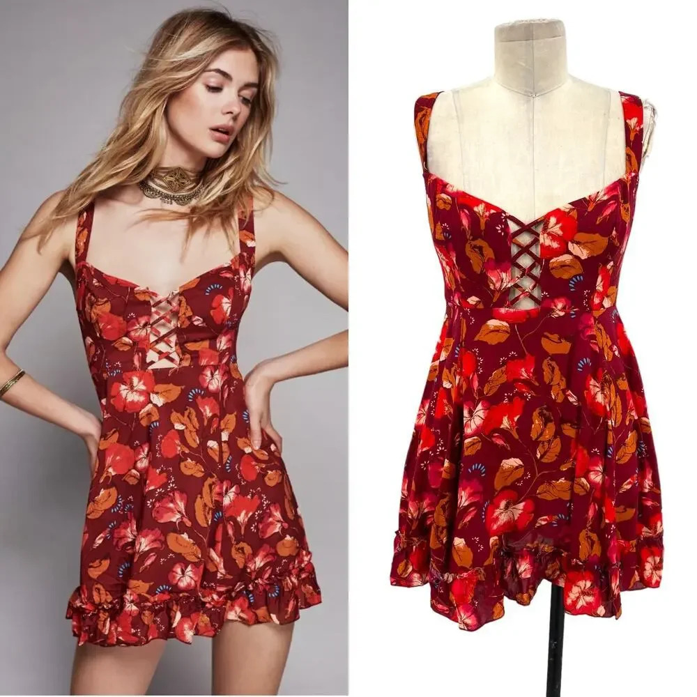 Free People Lattice Lovers Slip Dress Ruby Red Floral Print Size Xs